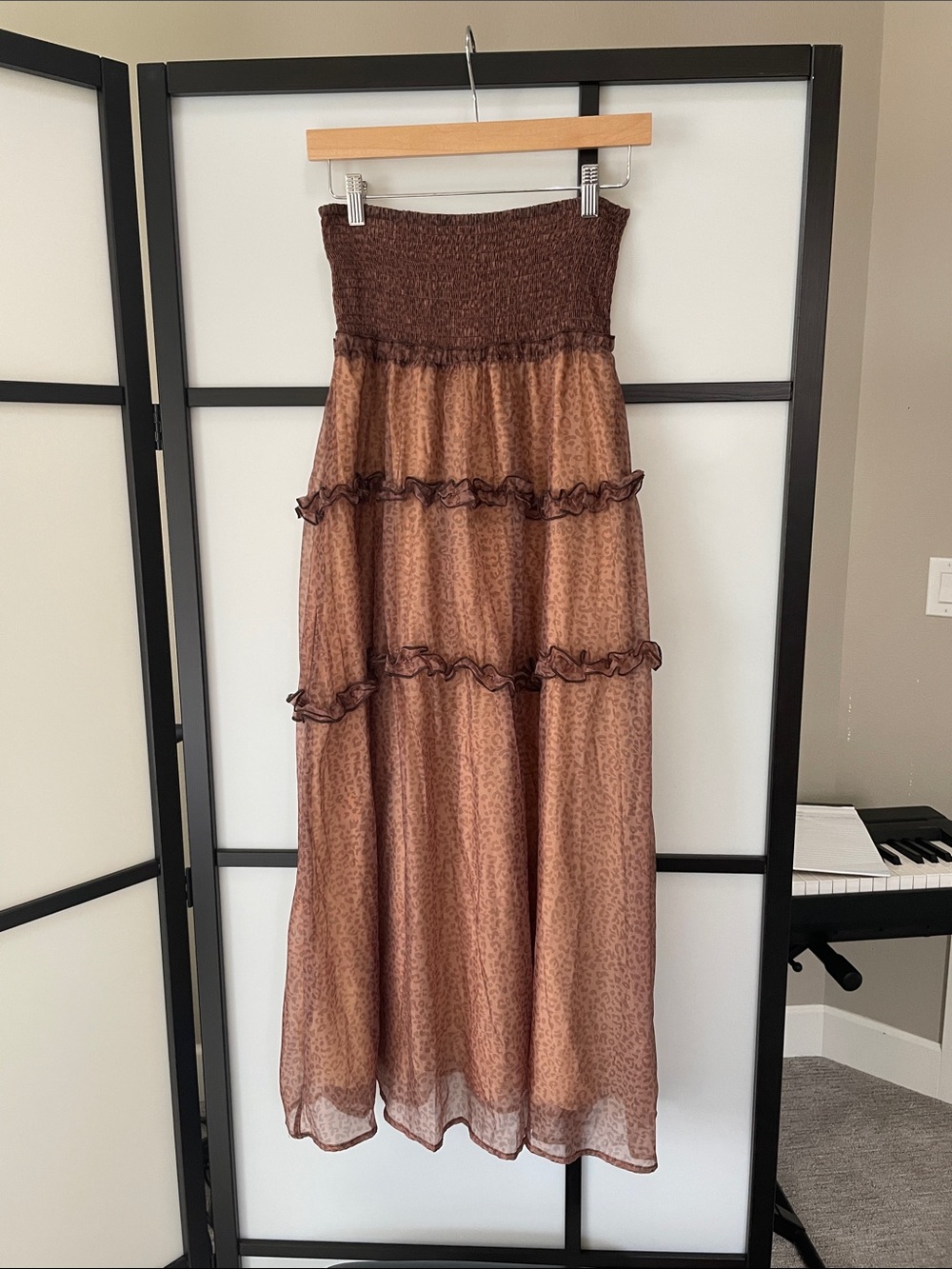 Brown Tiered Smocked-Waist Maxi Skirt